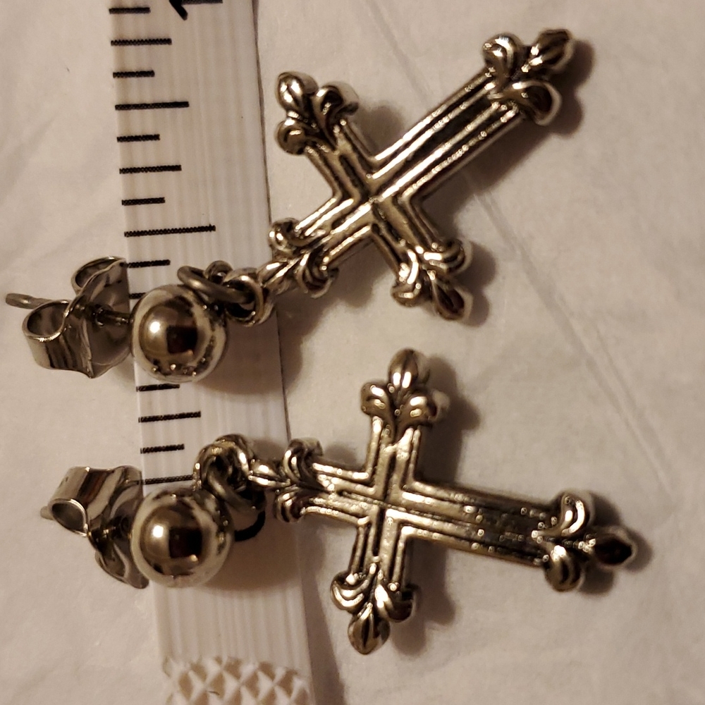 Silver Pierced Earrings, Cross Design, Tudor Era Style 1" drop.